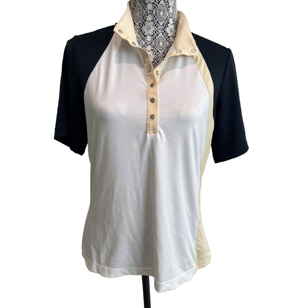 TAIL golf shirt woman Medium polo wicking snap collared navy white yellow